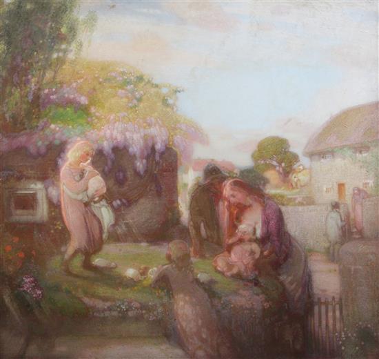 William Shackleton (1872-1933) Mother and children in a garden, petting white rabbits 36 x 37.5in. unframed